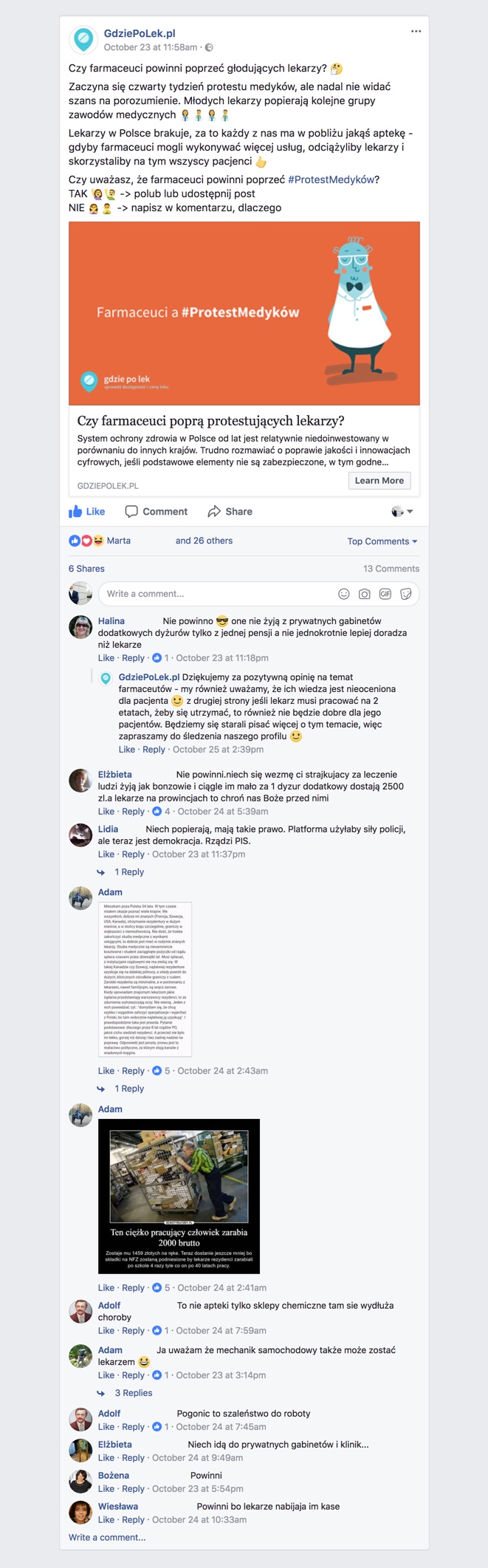 Zrzut ekranu komentarzy pod postem GdziePoLek na Facebooku o poparciu farmaceutów dla protestu medyków