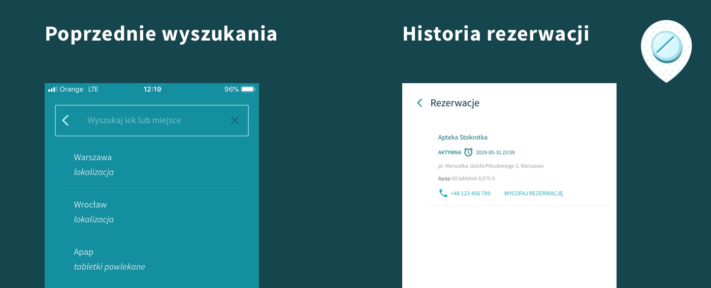 Screenshot wykorzystania danych lokalnych w aplikacji PWA GdziePoLek: ostatnie wyszukania, historia rezerwacji