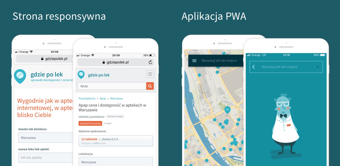 Screenshot strony głównej GdziePoLek oraz jego aplikacji PWA