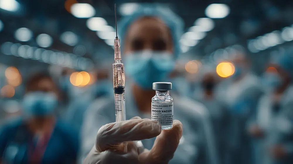 Fiolka ze szczepionką trzymana przez osobę w rękawiczkach ochronnych, w tle rozmyty zespół medyczny. Szczepienia przeciwk cholerze w Polsce.