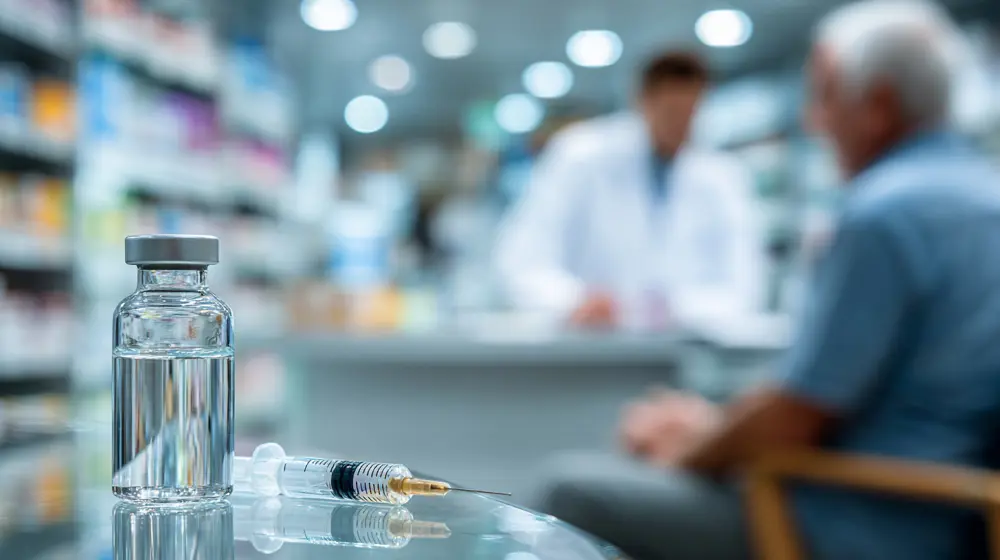 Fiolka z przejrzystą szczepionką i strzykawka leżą na blacie w aptece, w tle farmaceuta rozmawiający z pacjentem.